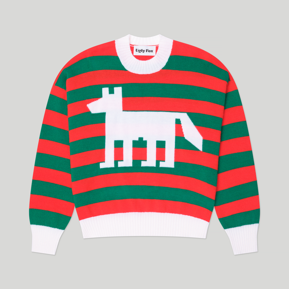 Fine Merino Wool Green Fox Motif Striped Sweater