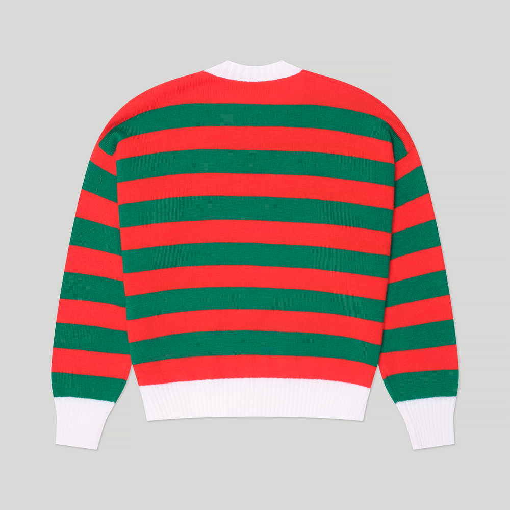 Fine Merino Wool Green Fox Motif Striped Sweater