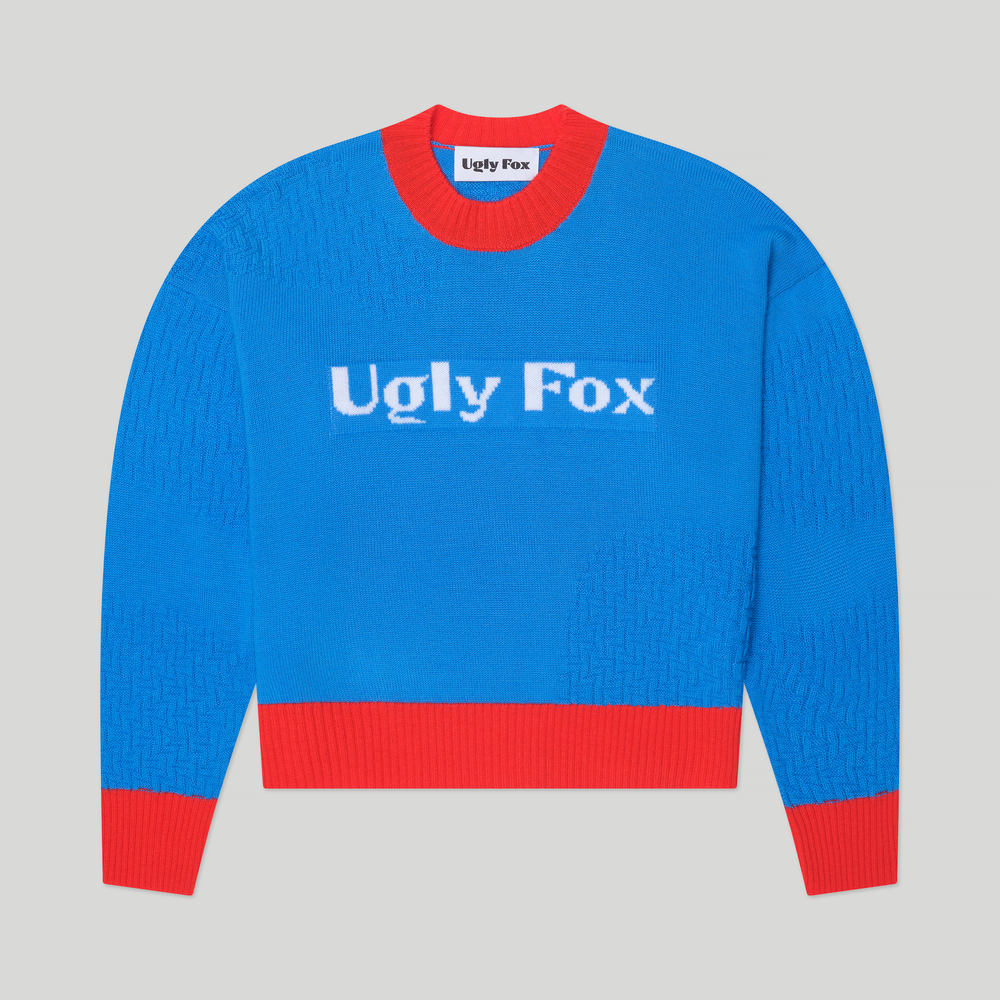 Fine Merino Wool Blue Knit Blocking Logo Sweater