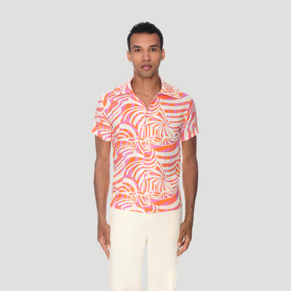 Striped Linen Camp Collar Shirt